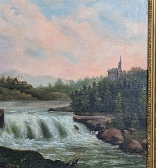 OIL PAINTING OF WATERFALL AND WATERMILL