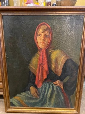 OIL PAINTING OF WOMAN IN RED SCARF BY TEXAS ARTIST RUBY STONE classic mural painting