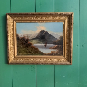 OIL PAINTING ON BOARD OF A BOAT IN LAKE BY A MOUNTAIN classic mural painting