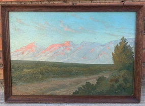 OIL PAINTING ON BOARD OF CATALINA MOUNTAINS TUCSON ARIZONA 1923 BY C M POGUE classic mural painting