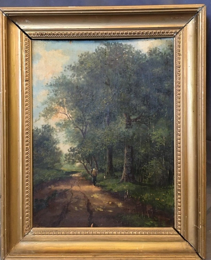 OIL PAINTING ON BOARD OF LADY ON A TRAIL IN A DEEP FOREST AS FOUND classic mural painting