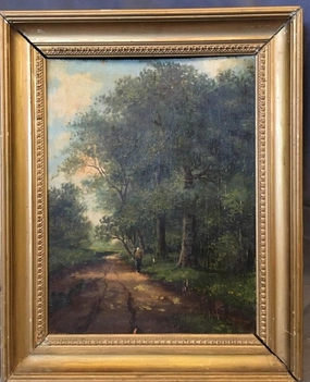 OIL PAINTING ON BOARD OF LADY ON A TRAIL IN A DEEP FOREST AS FOUND classic mural painting