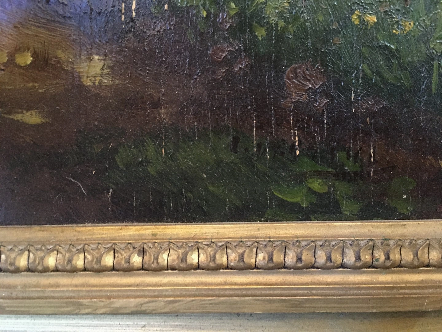 OIL PAINTING ON BOARD OF LADY ON A TRAIL IN A DEEP FOREST AS FOUND