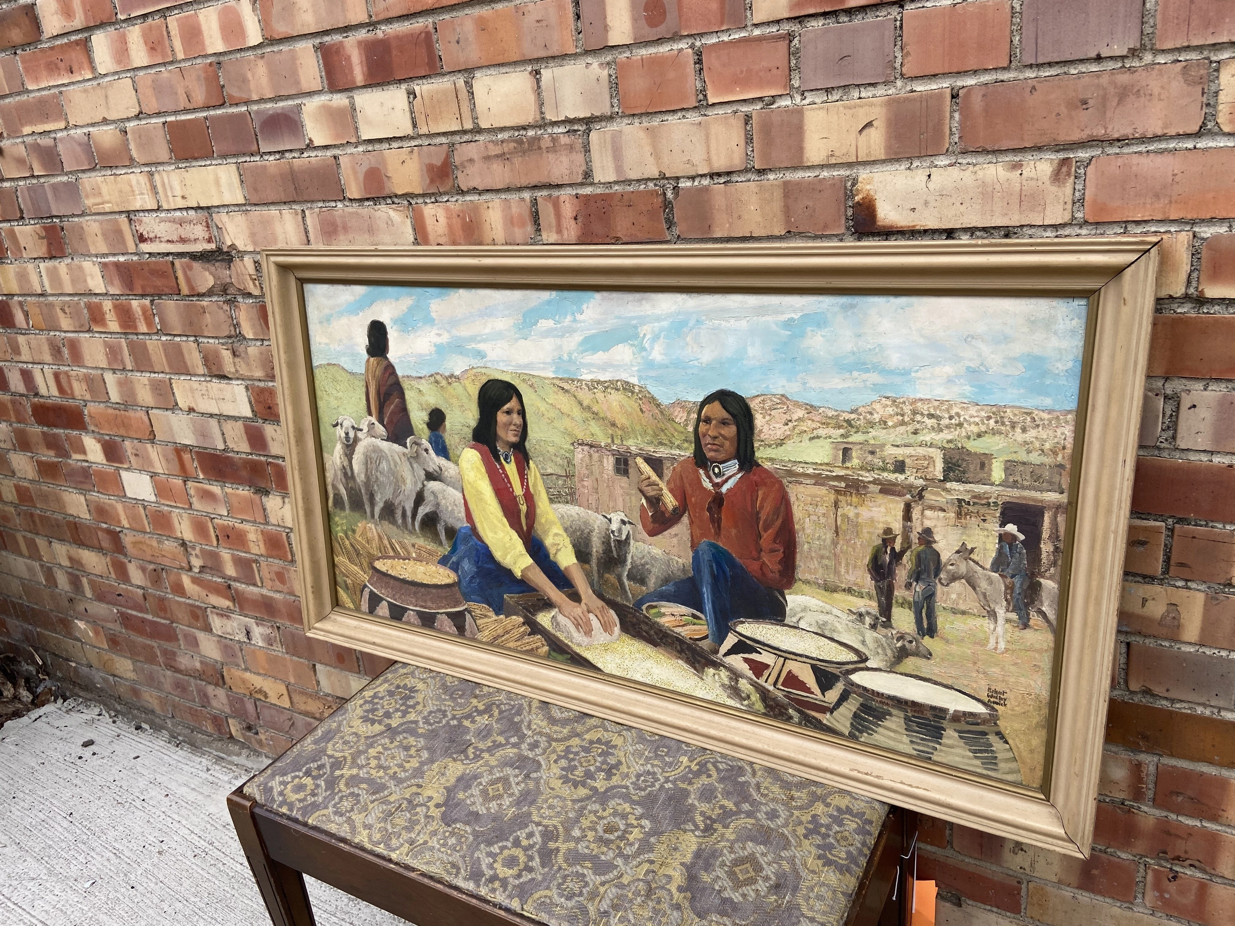 OIL PAINTING ON CANVAS OF INDIANS GRINDING MAIZE- SIGNED RICHARD WESLEY AMICK