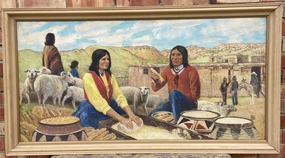 OIL PAINTING ON CANVAS OF INDIANS GRINDING MAIZE- SIGNED RICHARD WESLEY AMICK classic mural painting