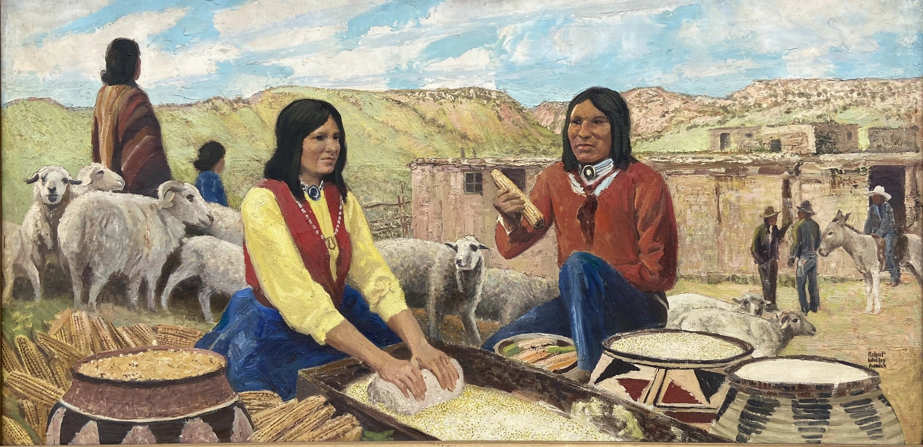 OIL PAINTING ON CANVAS OF INDIANS GRINDING MAIZE- SIGNED RICHARD WESLEY AMICK