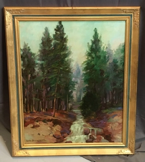 OIL PAINTING ON CANVAS  OF TALL PINES WITH RIVER SCENE classic mural painting