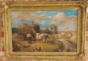 OIL PAINTING "HARVESTING THE HAY" BY JAMES THOMAS LINNELL (1820-1905) classic mural painting