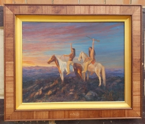 OL PAINTING OF 2 INDIAN BRAVES BY RITA MORRIS classic mural painting