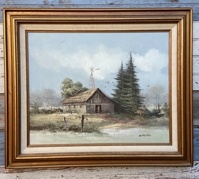 OLD BARN WITH WINDMILL AND PINE TREES PAINTING classic mural painting