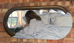 ORIGINAL PAINTING ON MIRROR OF LADY IN BED classic mural painting
