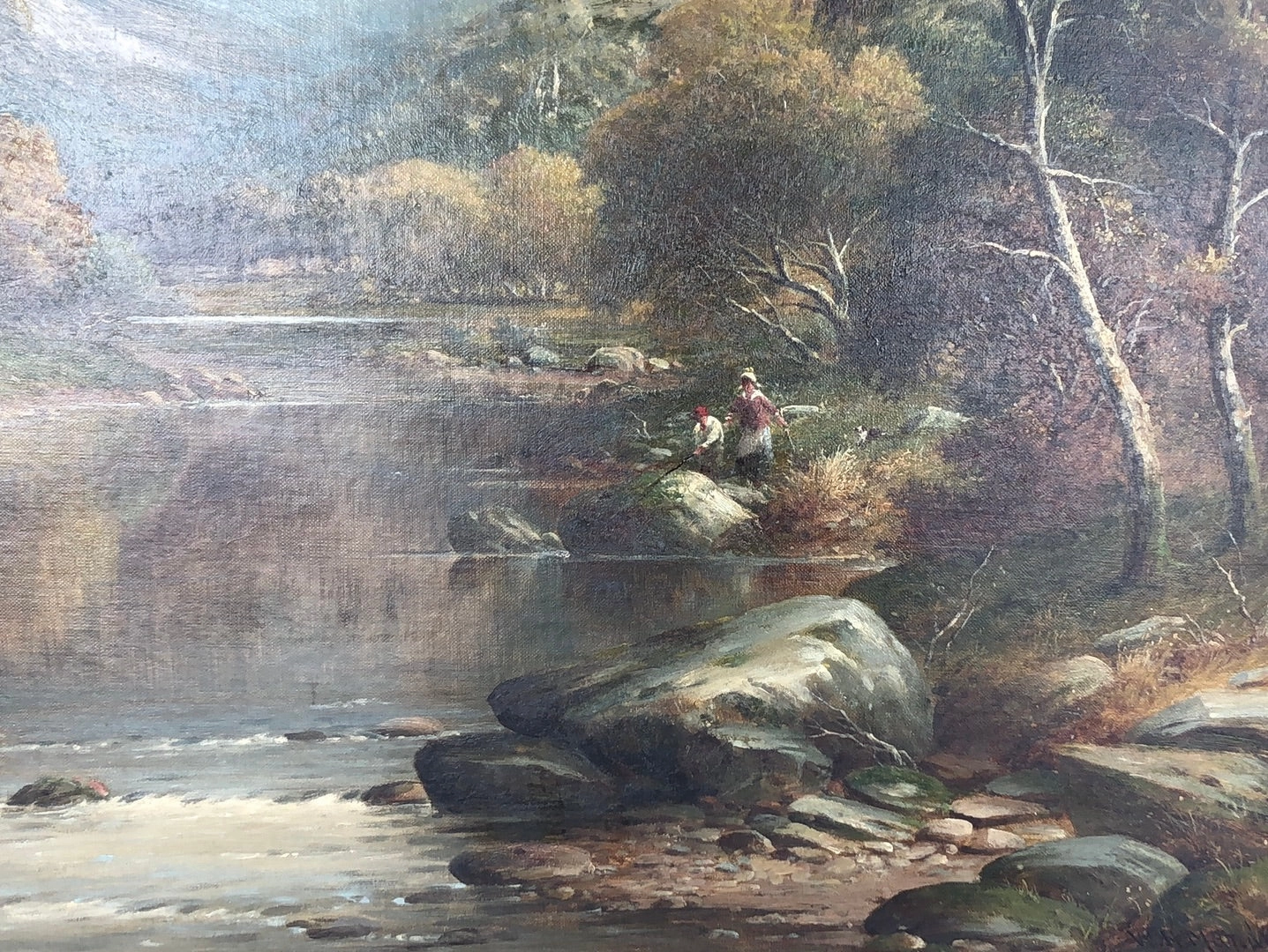 ORNATE FRAMED LANDSCAPE OIL PAINTING OF RIVER AND MOUNTAINS WITH COUPLE FISHING