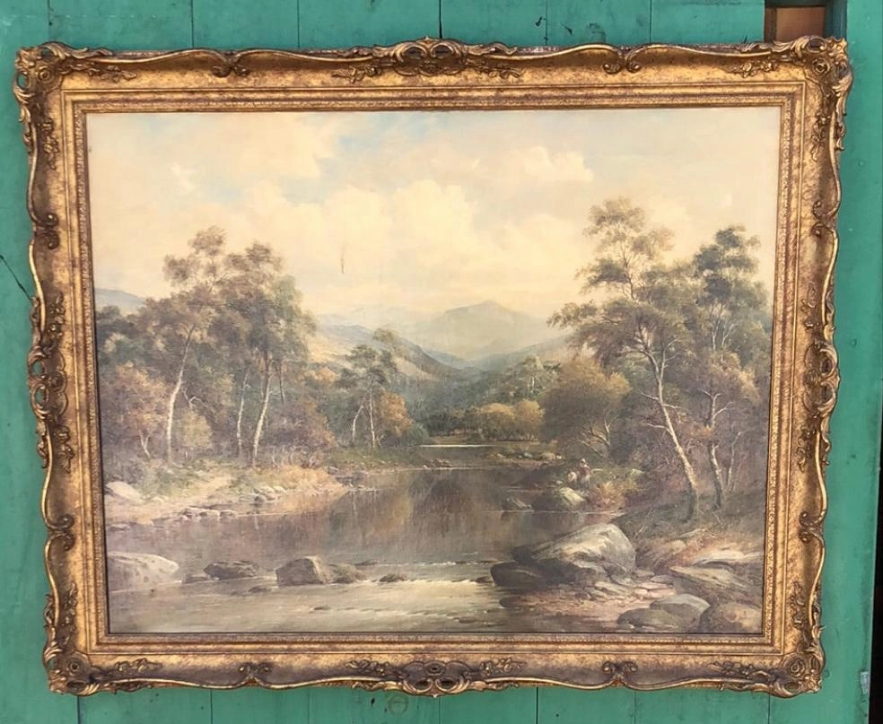 ORNATE FRAMED LANDSCAPE OIL PAINTING OF RIVER AND MOUNTAINS WITH COUPLE FISHING classic mural painting
