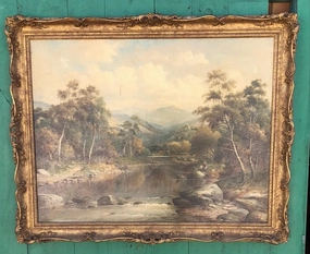 ORNATE FRAMED LANDSCAPE OIL PAINTING OF RIVER AND MOUNTAINS WITH COUPLE FISHING classic mural painting