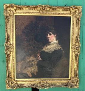 ORNATE GILT FRAMED OIL PAINTING OF A LADY AND HER DOG ON CANVAS classic mural painting