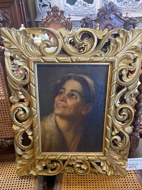 ORNATE PIERCE CARVED GOLD FRAME WITH EARLY PAINTING PORTRAIT AFTER MURILLO classic mural painting