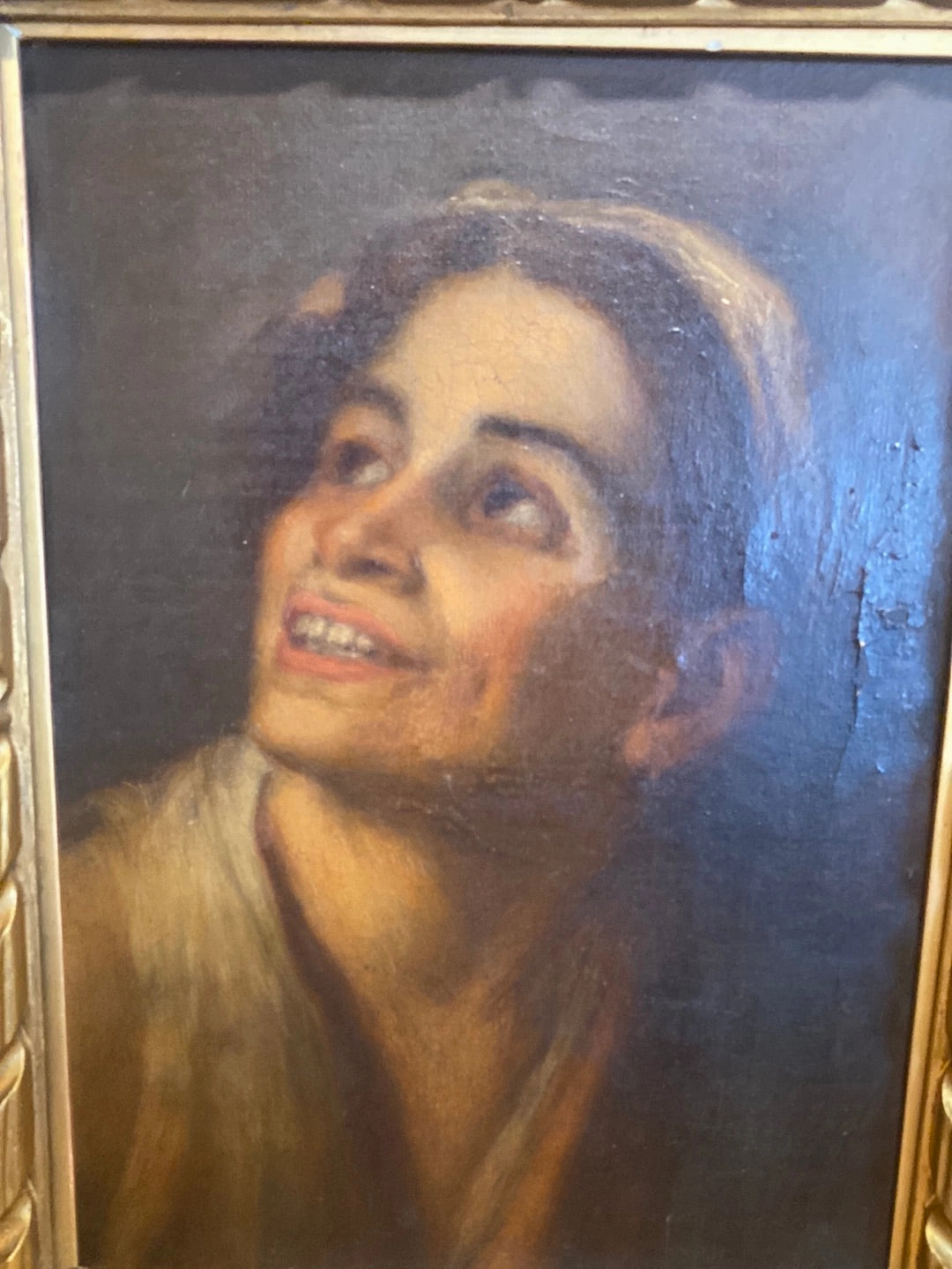 ORNATE PIERCE CARVED GOLD FRAME WITH EARLY PAINTING PORTRAIT AFTER MURILLO