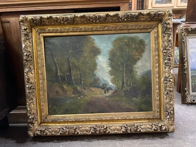 ORNATELY FRAMED LANDSCAPE OIL PAINTING WITH COUPLE ON PATH classic mural painting