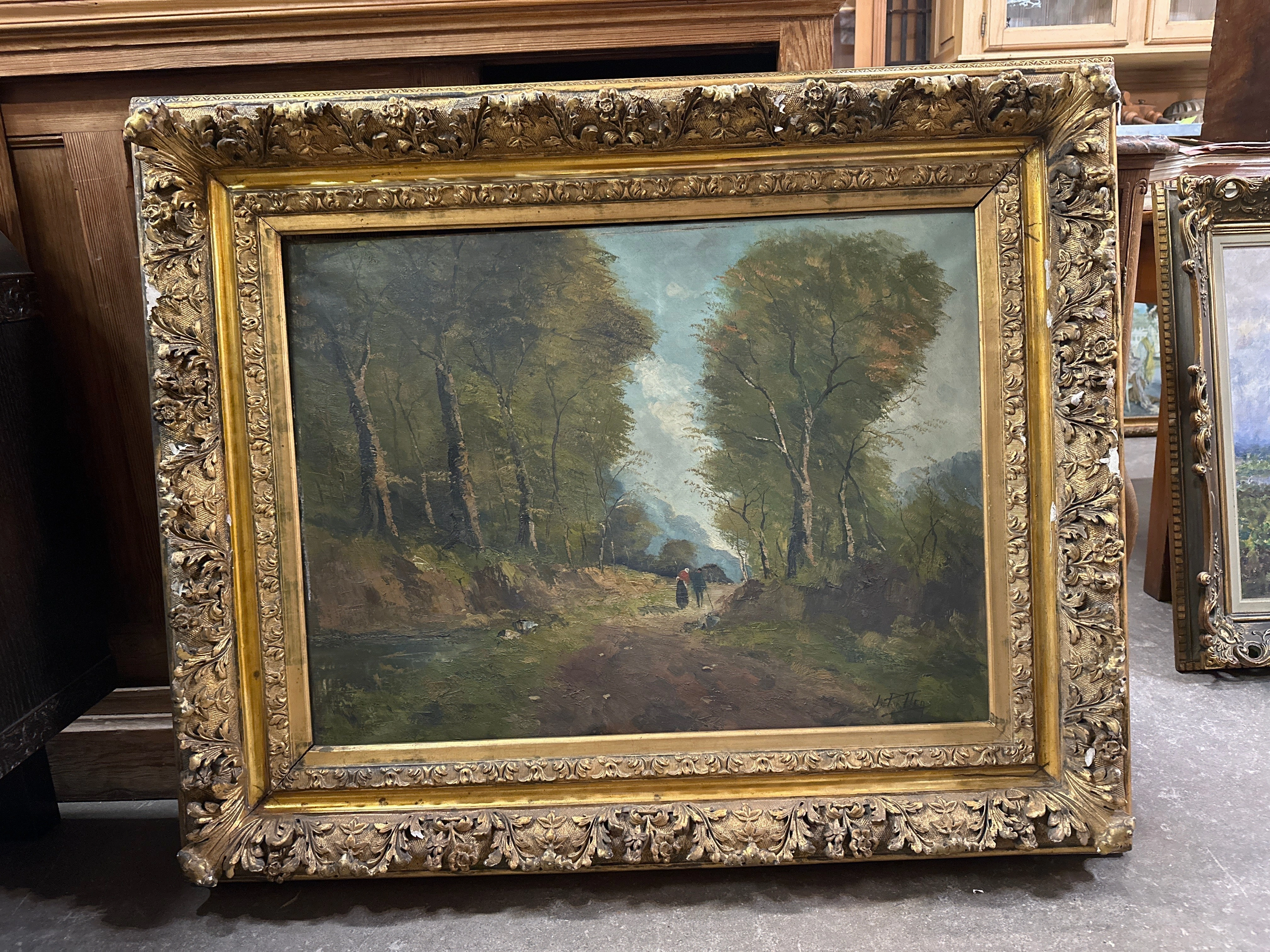 ORNATELY FRAMED LANDSCAPE OIL PAINTING WITH COUPLE ON PATH classic mural painting