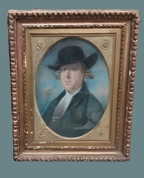 ORNATELY FRAMED WATERCOLOR OF A MAN WEARING A HAT classic mural painting