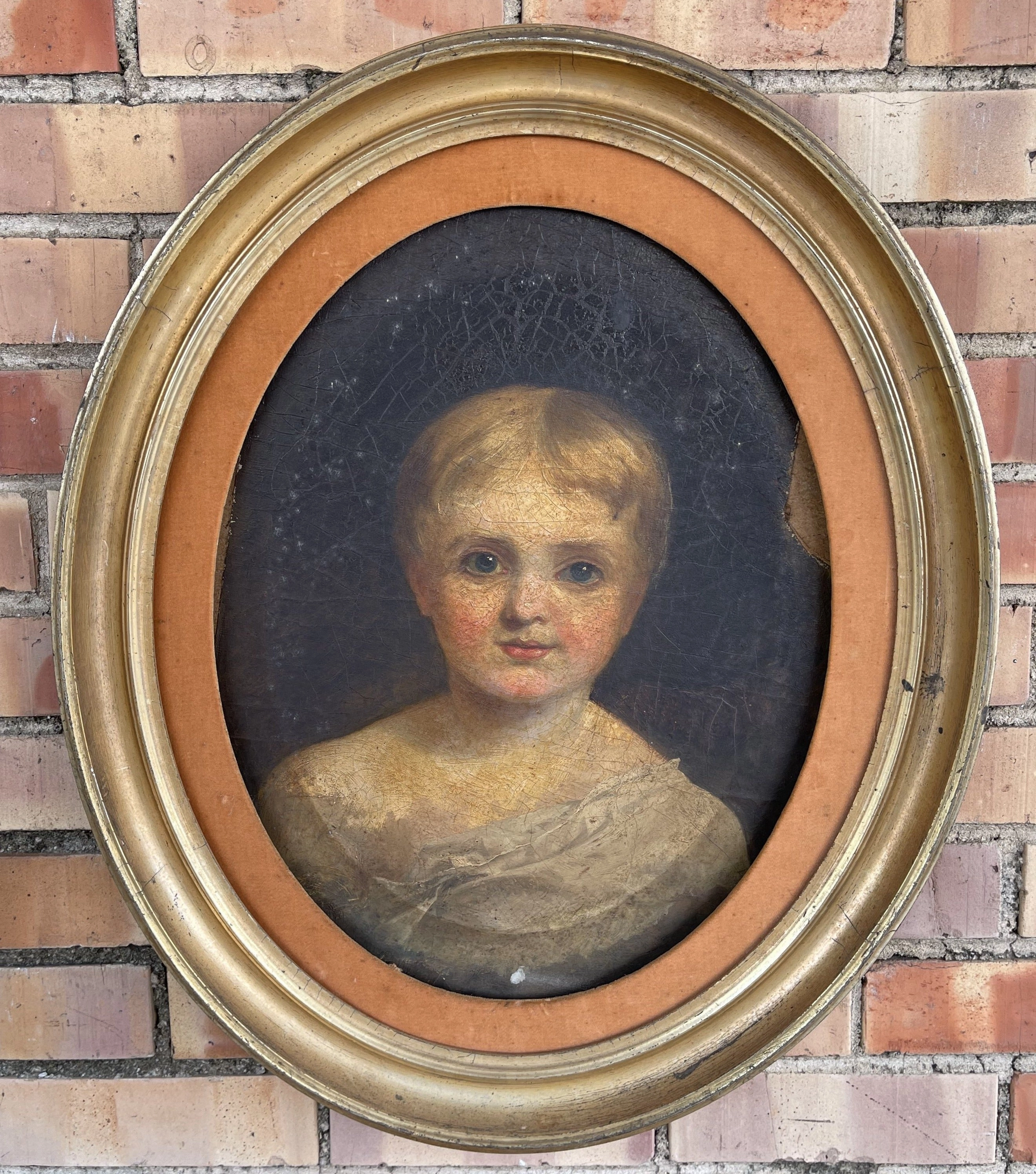 OVAL FRAMED 19TH CENTURY OIL PAINTING OF A YOUNG GIRL AS FOUND classic mural painting