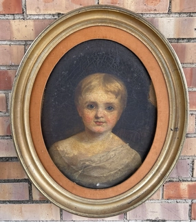 OVAL FRAMED 19TH CENTURY OIL PAINTING OF A YOUNG GIRL AS FOUND classic mural painting