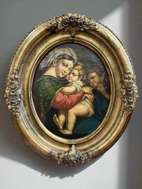 OVAL FRAMED OIL PAINTING OF MADONA AND CHILDREN AFTER RAPHAEL-AS FOUND classic mural painting
