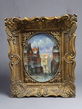 OVAL IMPRESSIONIST EUROPEAN TOWN OIL PAINTING IN RECTANGULAR FRAME classic mural painting