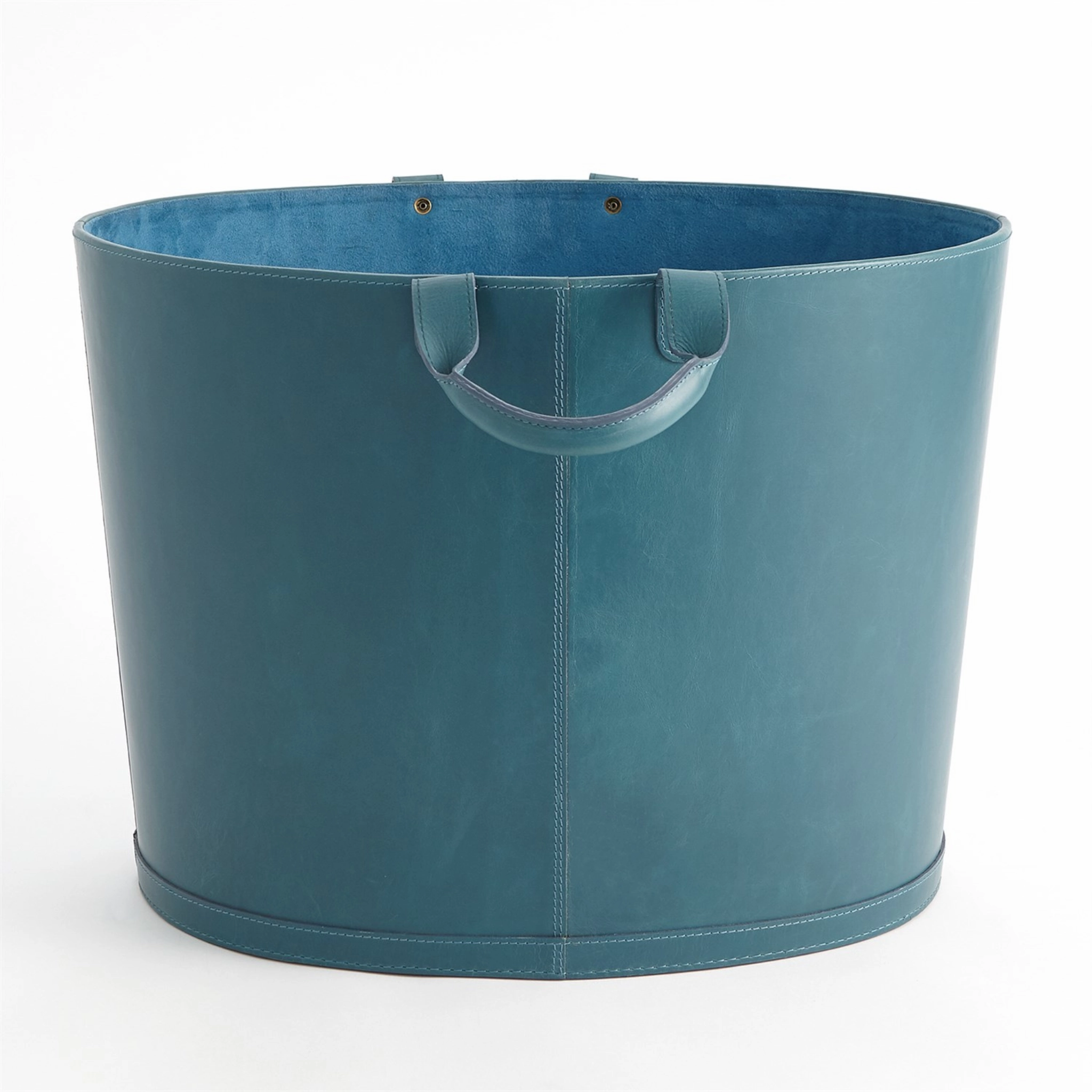 Oval Leather Basket In Azure Blue