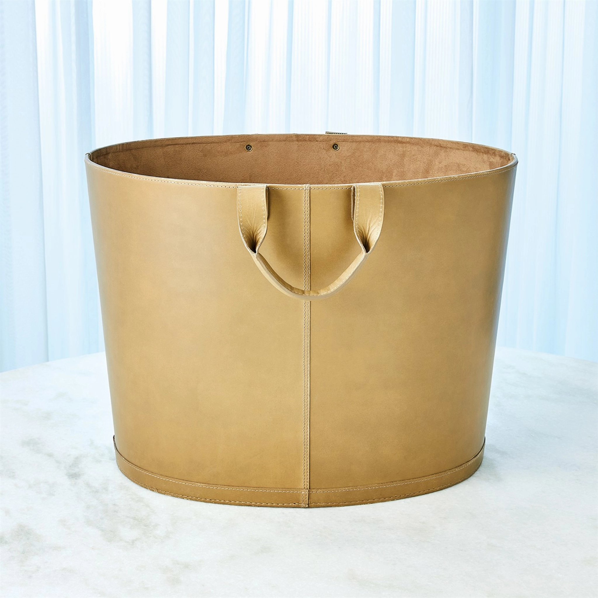 Oval Leather Basket In Putty