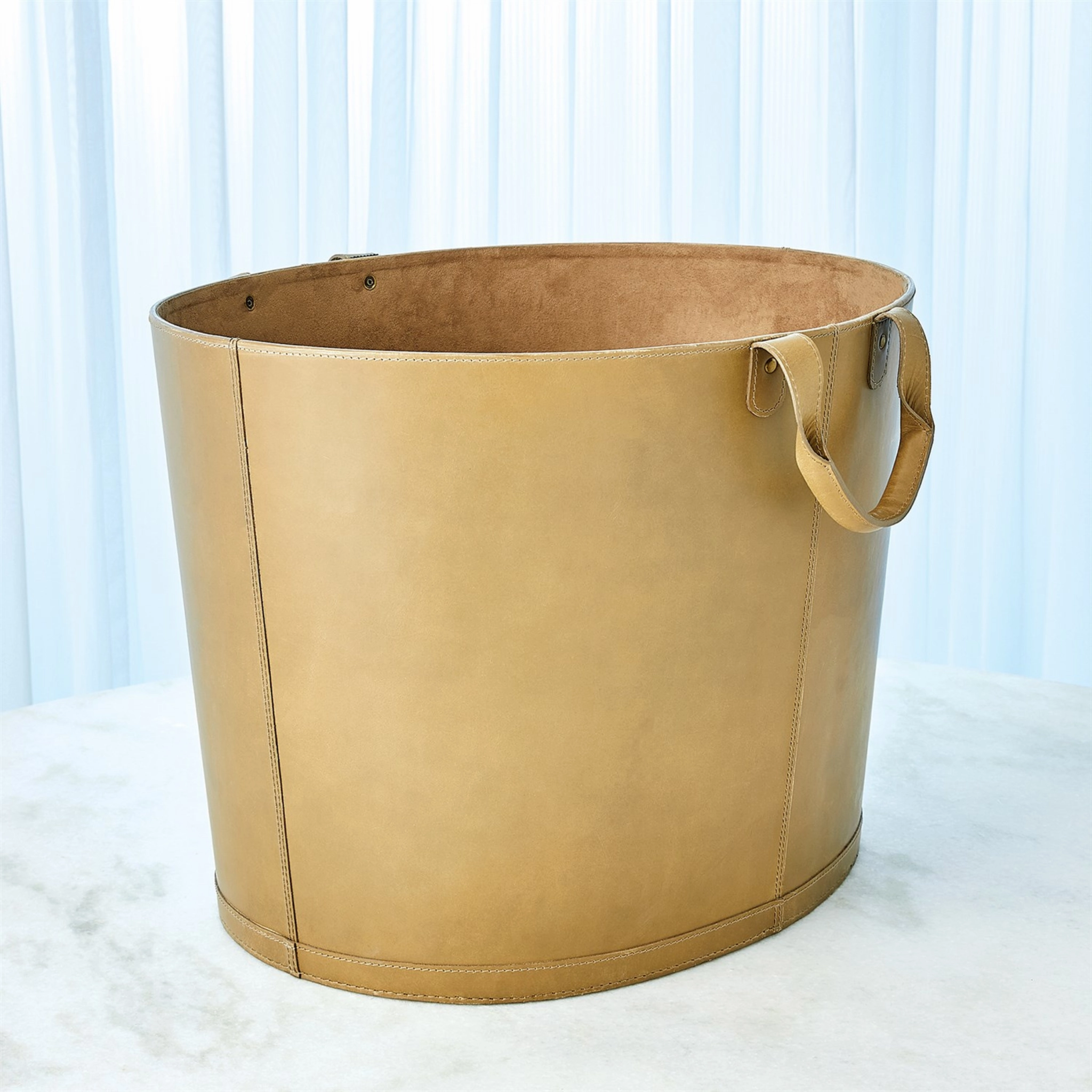 Oval Leather Basket In Putty
