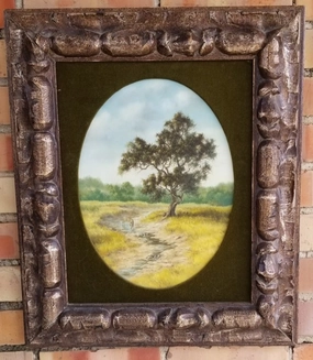 OVAL OIL PAINTING OF OAK TREE AND DEER BY A STREAM SIGNED C. GIBSON classic mural painting
