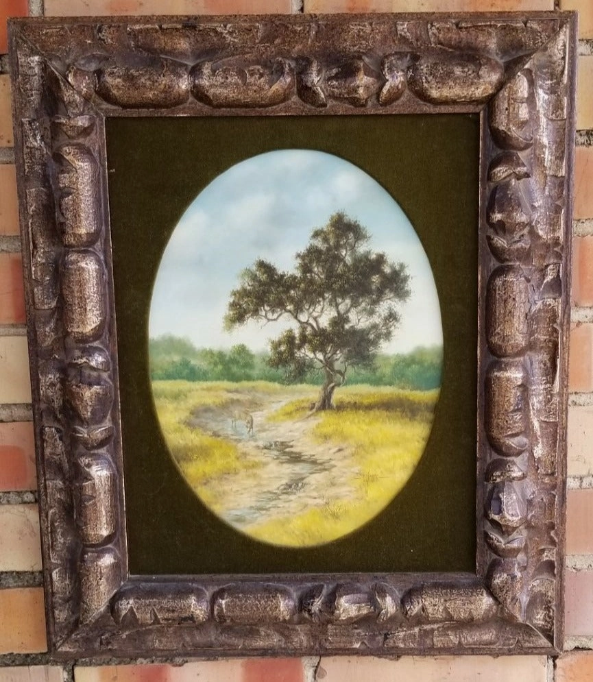 OVAL OIL PAINTING OF OAK TREE AND DEER BY A STREAM SIGNED C. GIBSON classic mural painting