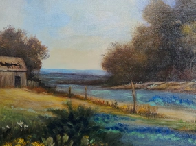 PAINTING OF ABANDONED FARM WITH FENCE AND BLUE BONNET UNSIGNED classic mural painting