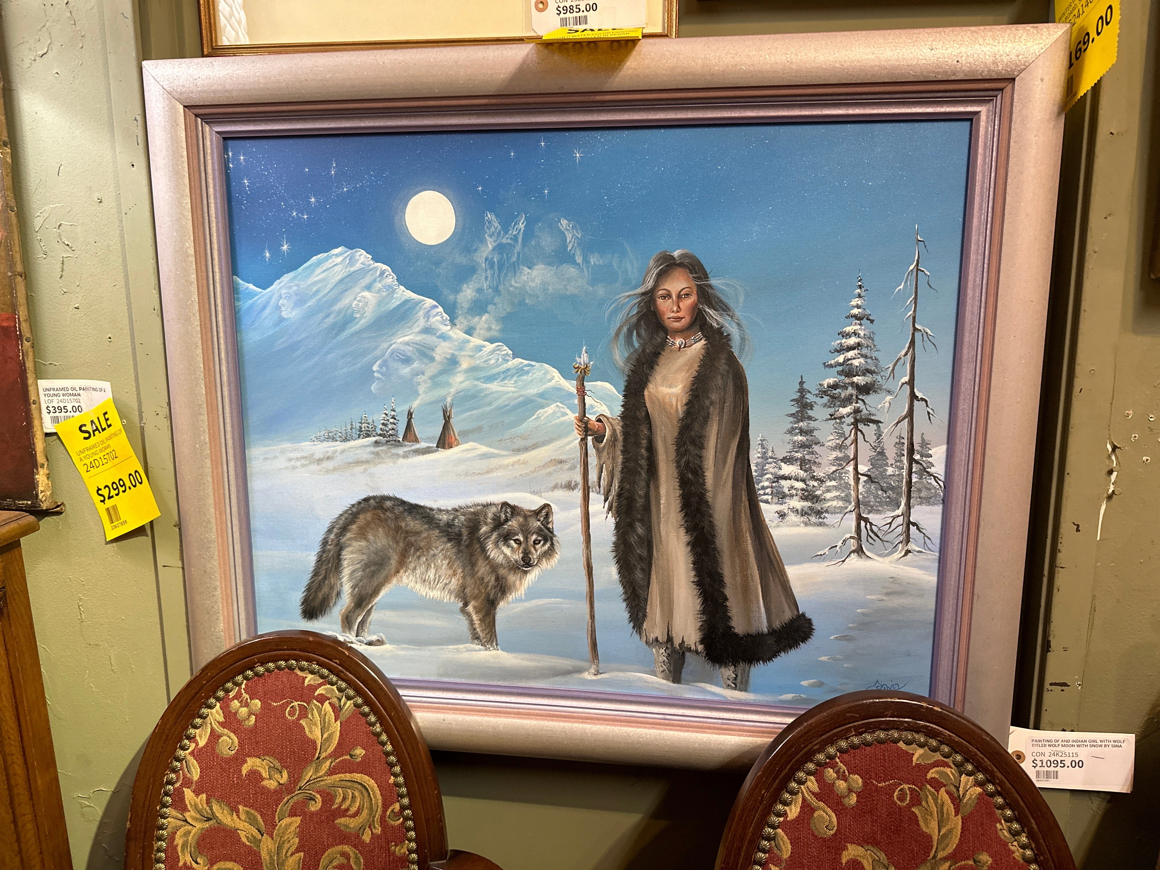 PAINTING OF AND INDIAN GIRL WITH WOLF TITLED WOLF MOON WITH SNOW BY SINA classic mural painting