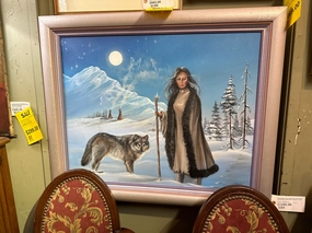 PAINTING OF AND INDIAN GIRL WITH WOLF TITLED WOLF MOON WITH SNOW BY SINA classic mural painting