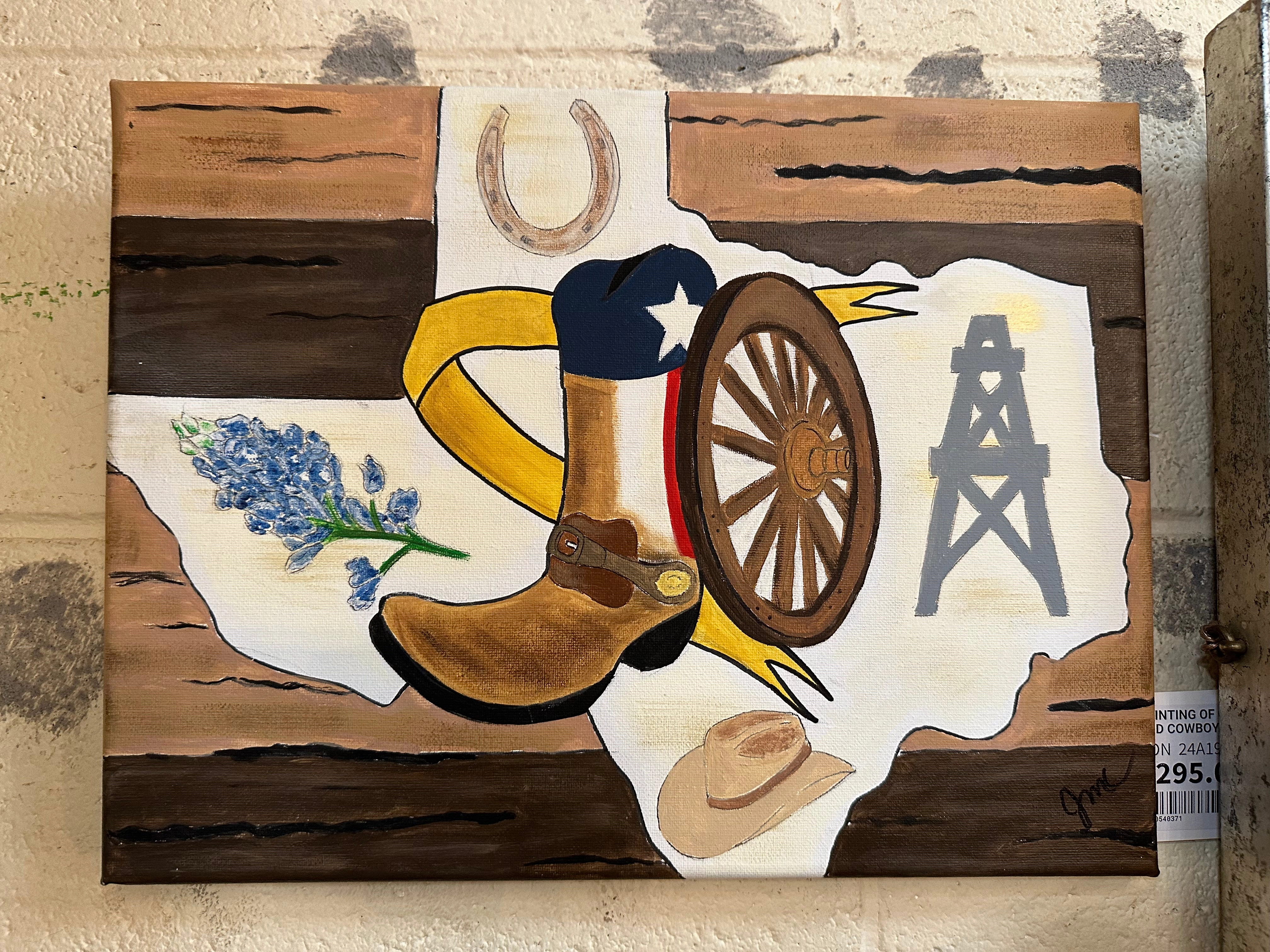 PAINTING OF OIL DERRICK PISTOL AND COWBOY BOOT OIL ON CANVAS classic mural painting