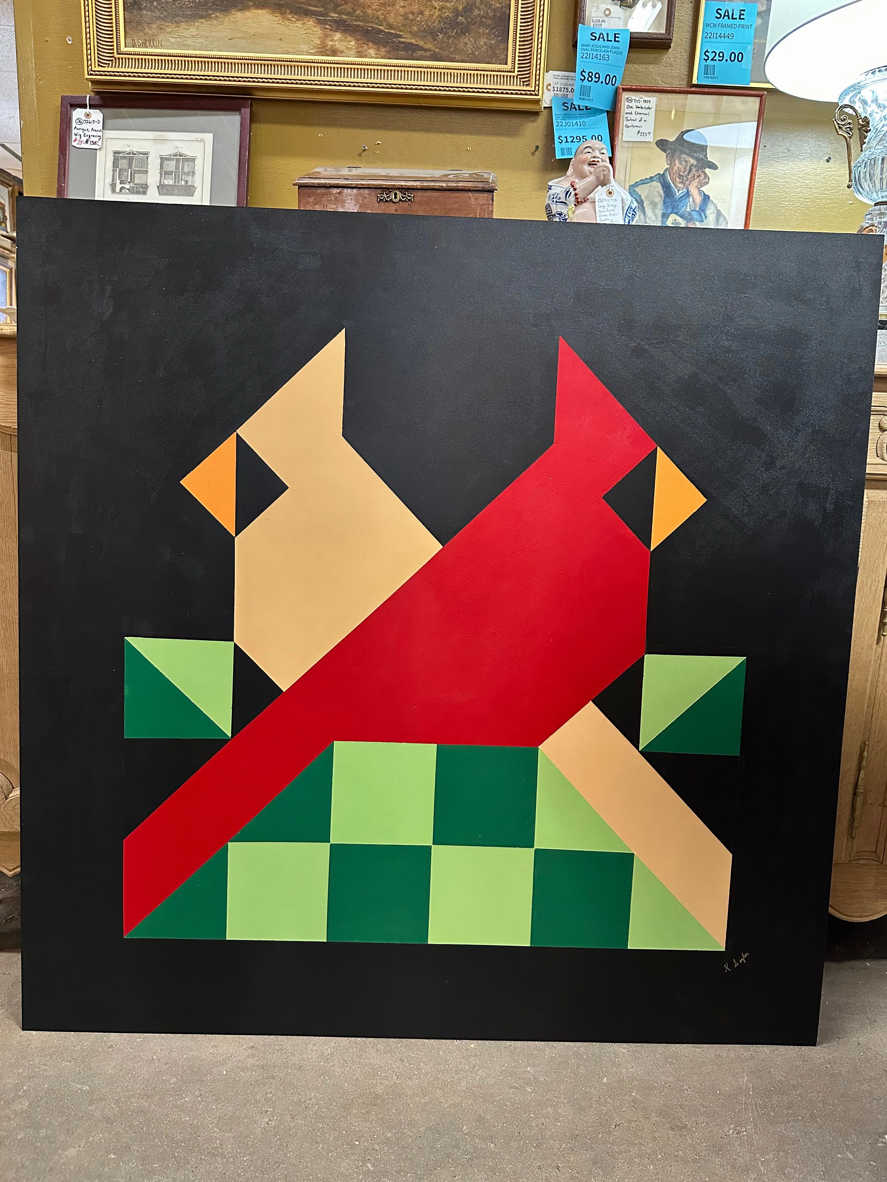 PAINTING OF TWO CARDINALS LOOKING AT EACH OTHER classic mural painting