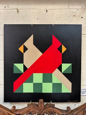 PAINTING OF TWO CARDINALS OIL ON ALUMINUM SIGNED classic mural painting