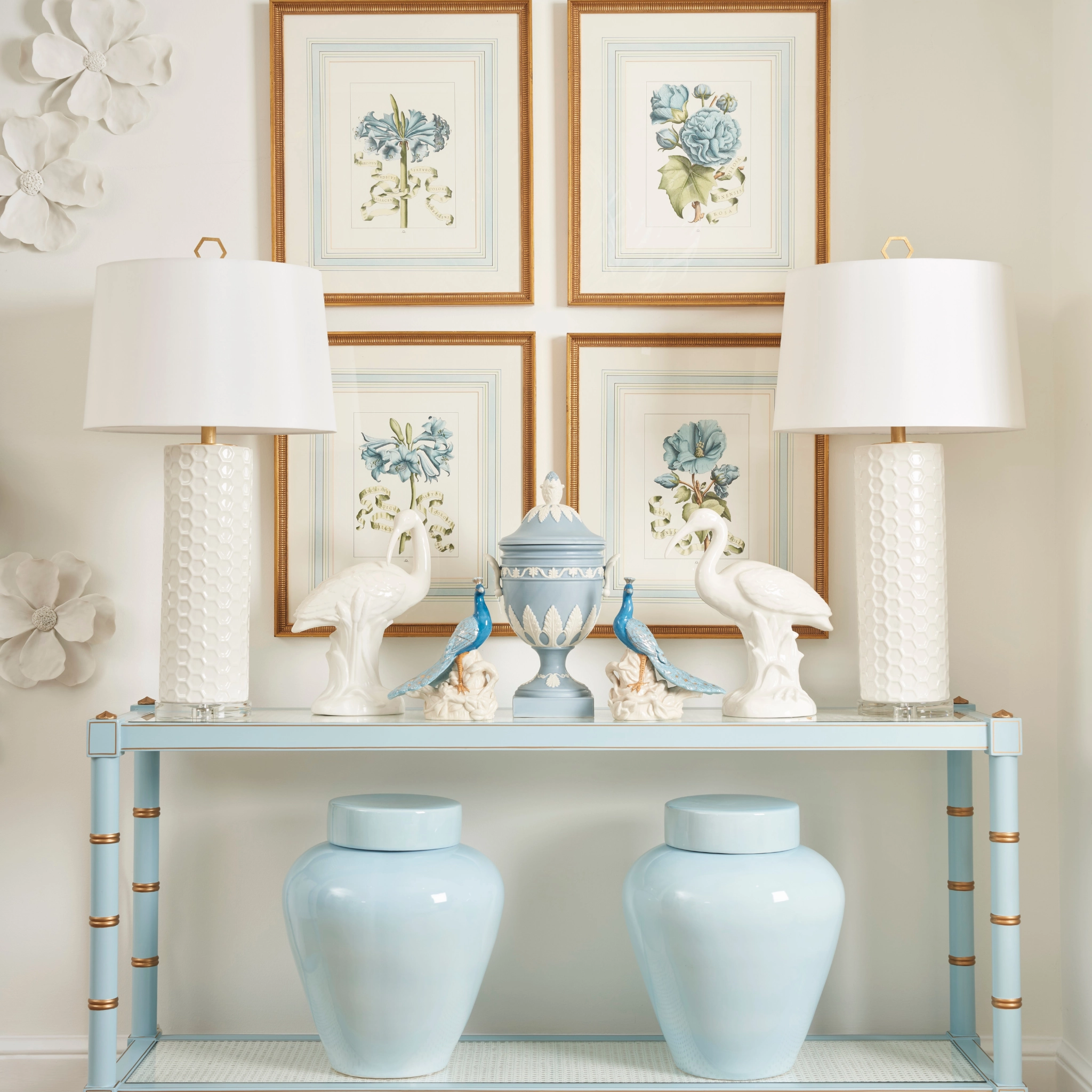 Pair of Blue Hand Painted Porcelain Peacocks