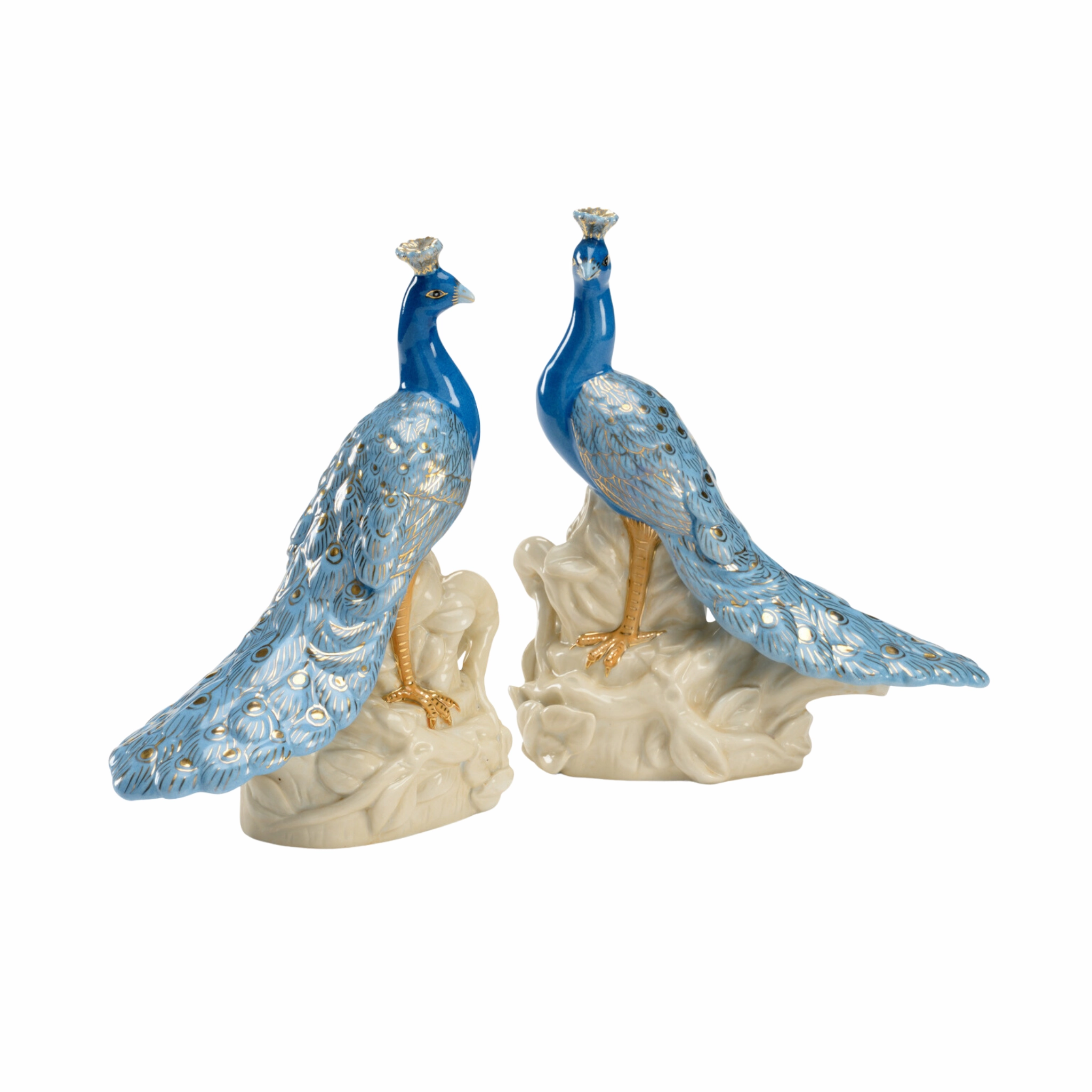 Pair of Blue Hand Painted Porcelain Peacocks home display ornament