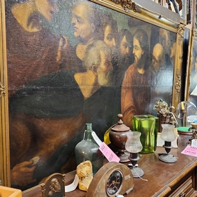 PAIR OF EARLY CHRISTIAN PAINTINGS- JUDAS ISCARIOT BETRAYAL AND HERODIAS AND THE HEAD OF JOHN THE BAPTIST classic mural painting
