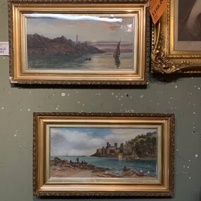 PAIR OF GILT FRAMED HARBOR PAINTINGS ON BOARD classic mural painting