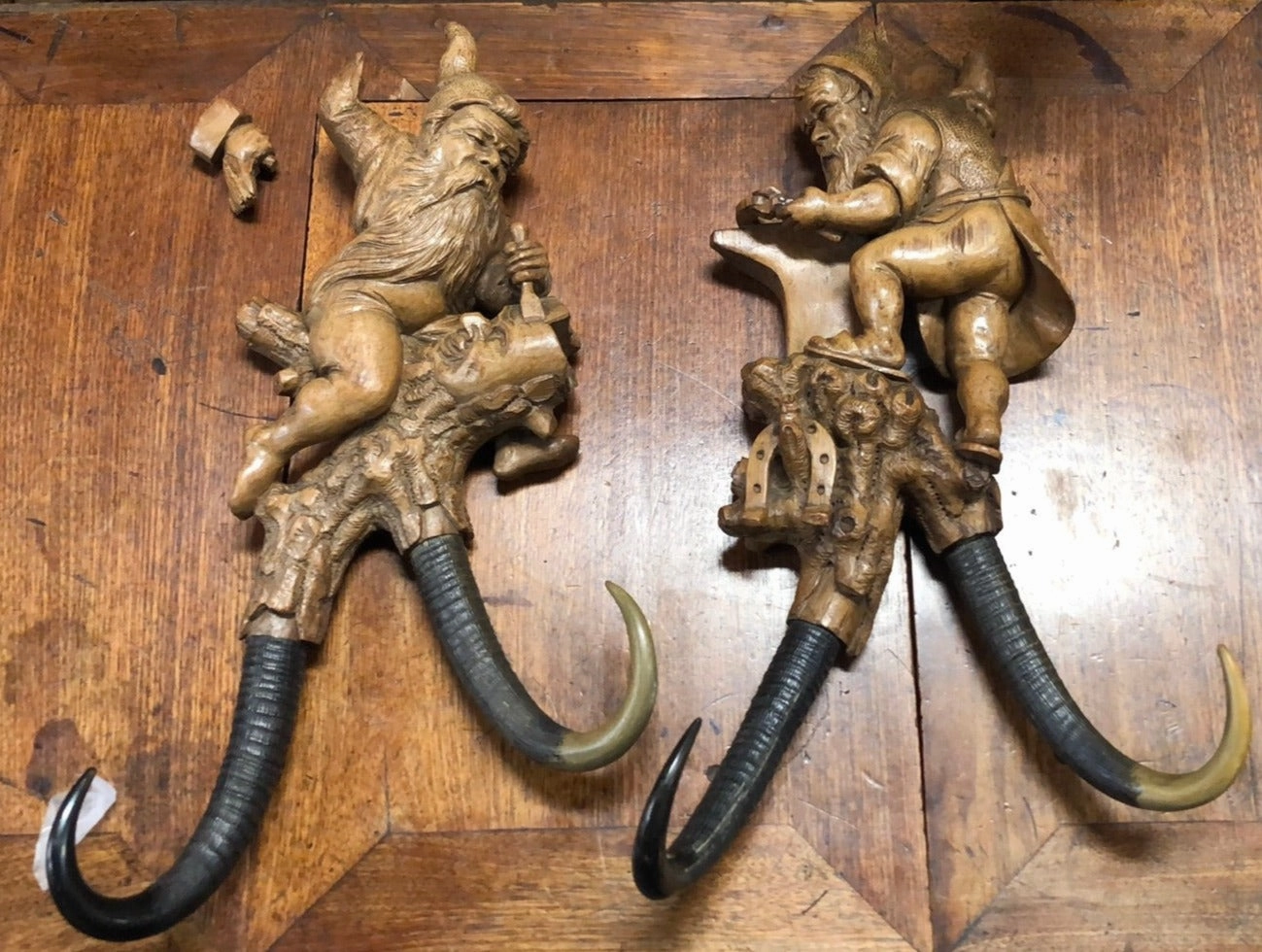 PAIR OF HAND CARVED GNOMES WITH ANTLER WALL HOOKS - AS FOUND interior room decor
