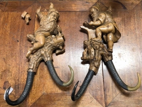 PAIR OF HAND CARVED GNOMES WITH ANTLER WALL HOOKS - AS FOUND interior room decor