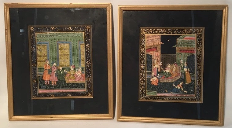 PAIR OF INDIAN PAINTINGS OF PEOPLE ON PAPER classic mural painting