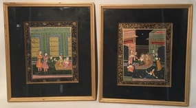 PAIR OF INDIAN PAINTINGS OF PEOPLE ON PAPER classic mural painting