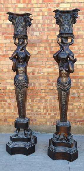 PAIR OF LARGE MAHOGANY PEDESTALS OR FIGURAL PLANT STANDS interior room decor