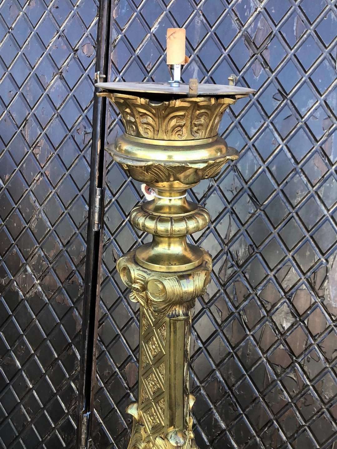PAIR OF LARGE ORNATE BRASS FLOOR LAMPS OR CANDLE STANDS WITH CAMEOS - NO SHADES