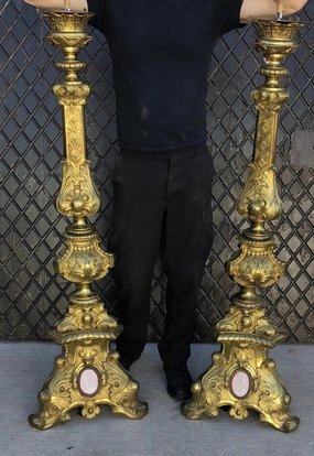 PAIR OF LARGE ORNATE BRASS FLOOR LAMPS OR CANDLE STANDS WITH CAMEOS - NO SHADES interior room decor